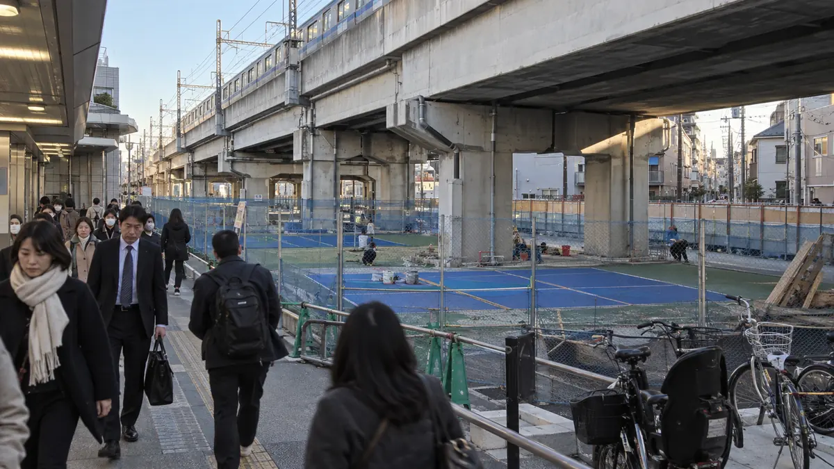 駅前を行き交う通勤客と高架下で工事中のピックルボールコート