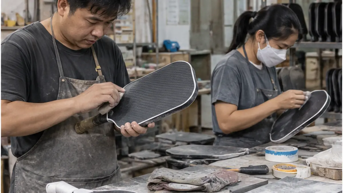 ベトナムの工房でパドルを仕上げるスタッフ