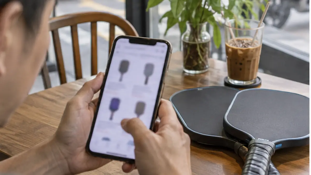 スマートフォンでパドルを比較するオンライン購入の様子