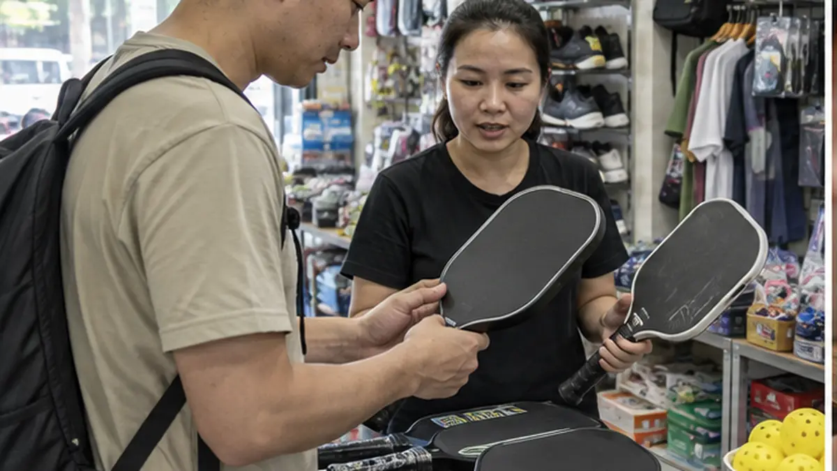 ベトナムのスポーツ用品店でパドルを選ぶ旅行者