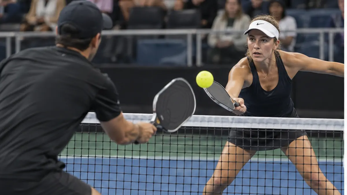 キッチンラインで速いボレーを打ち合う男女の選手