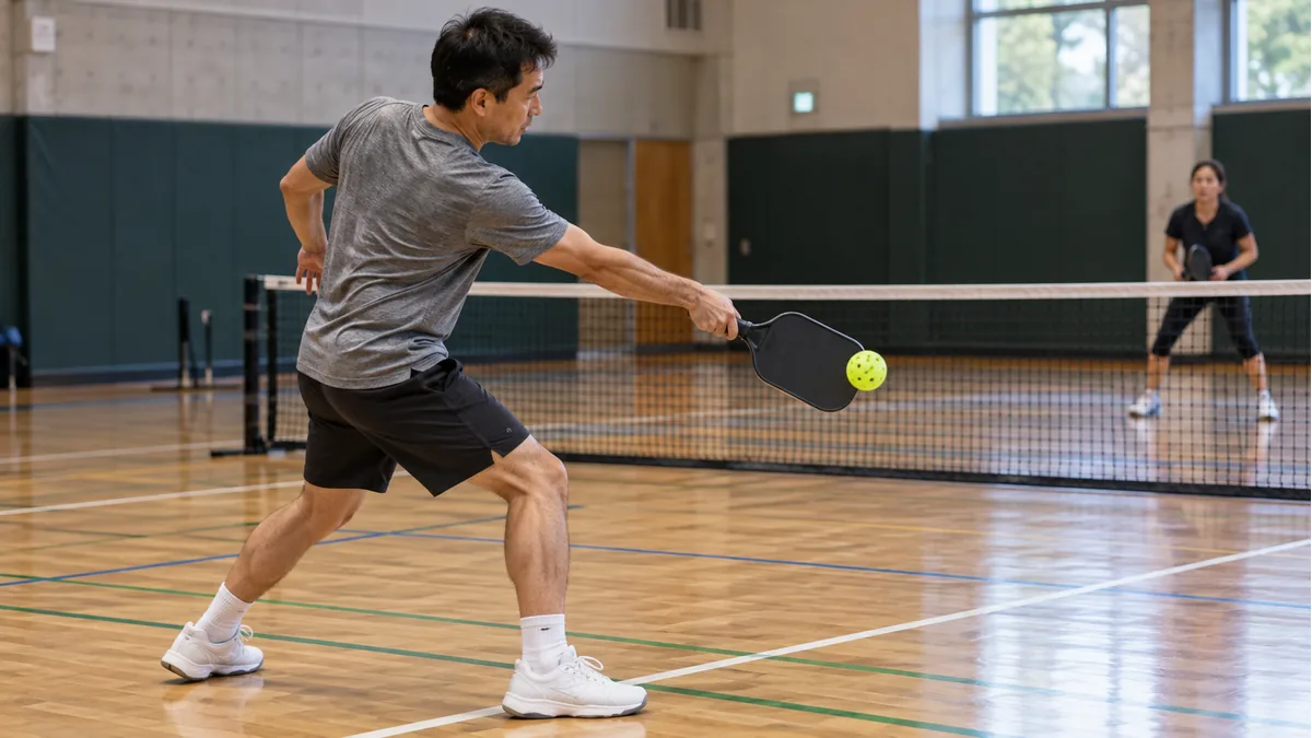 屋内コートでパドルを擦り上げるようにフォアハンドを打つ選手