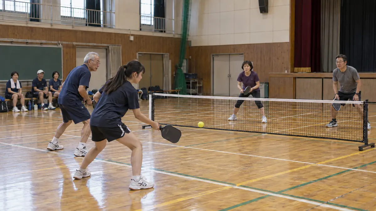 学校体育館で中学生と高齢者が一緒にダブルスを楽しむ練習会