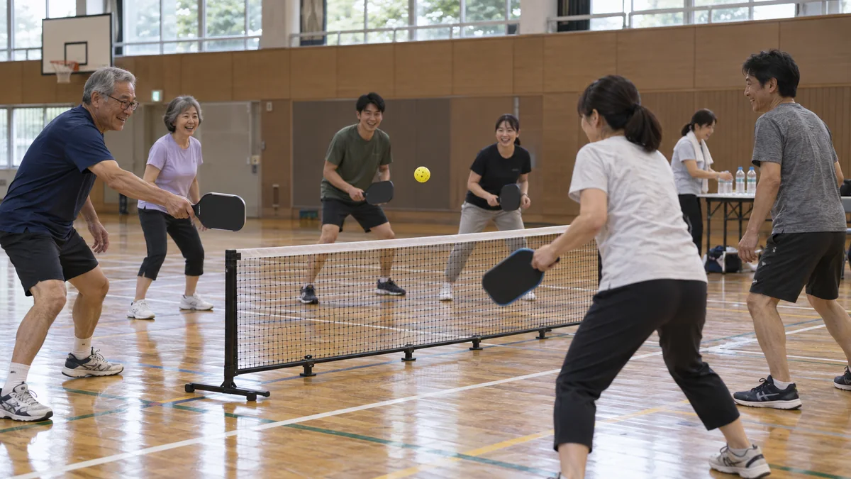 日本の公共体育館で世代を超えてピックルボールを体験する参加者