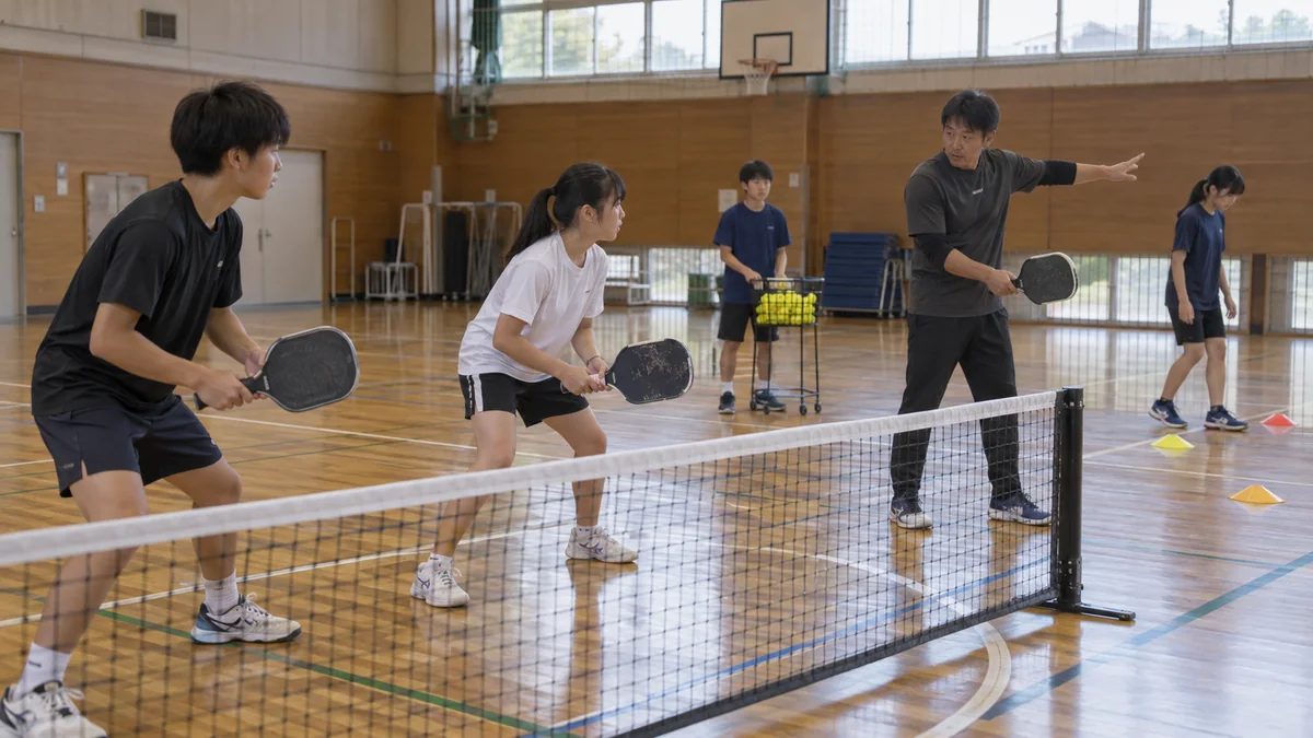 地域体育館でダブルスの立ち位置を学ぶ日本のジュニア選手たち