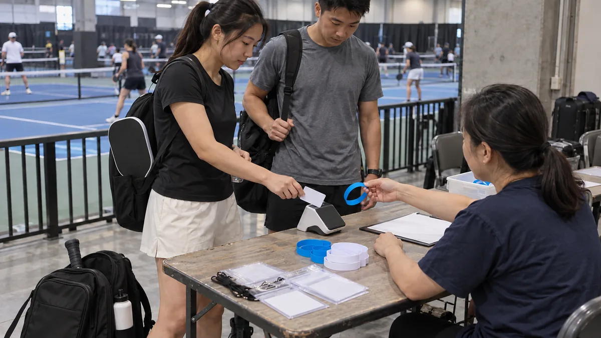 大会受付で参加費を決済し無地のリストバンドを受け取るアマチュア選手