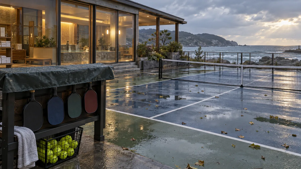 雨上がりの屋外コートと営業を続ける温浴施設を対比した様子