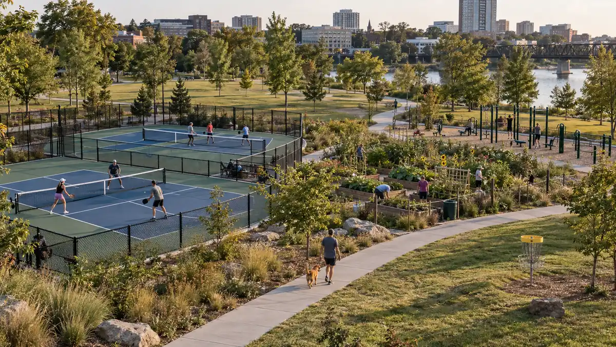 ピックルボールコートや菜園など複数施設が共存する都市公園