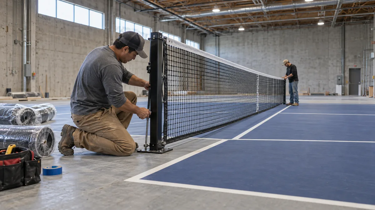 倉庫型の屋内施設で新しいコートのネットを設置する作業員