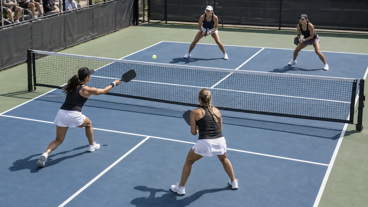 屋外の大会コートで女子ダブルスのラリーを続ける4選手