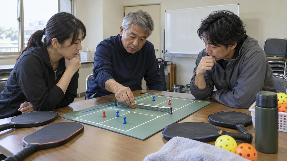 コート模型を囲み選手交代の形式を検討する日本のリーグ関係者