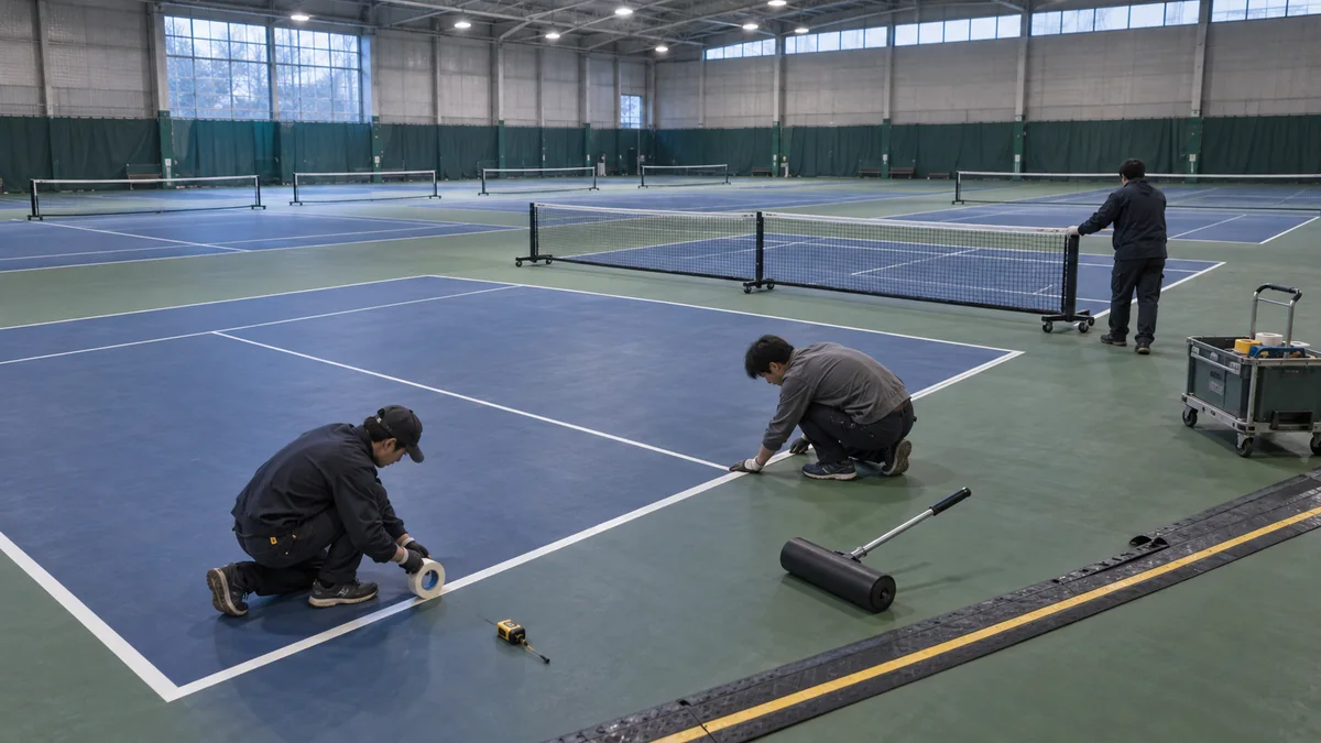 屋内テニス施設を大会用ピックルボールコートへ転換する設営スタッフ