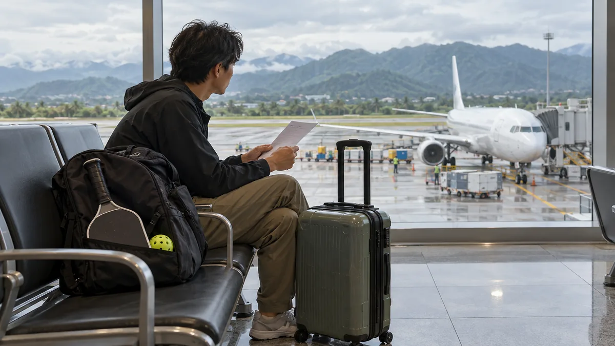 パドルバッグとスーツケースを携えて搭乗を待つ日本人旅行者