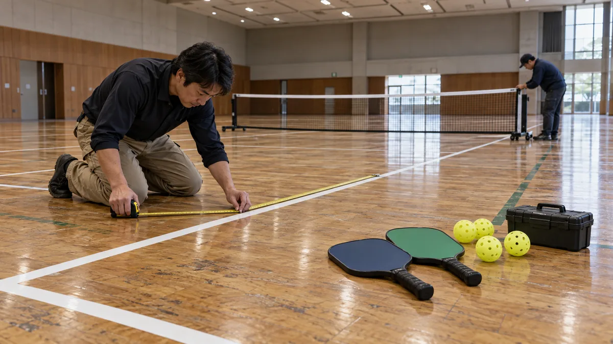 多目的ホールでピックルボールコートのラインを測る施設スタッフ