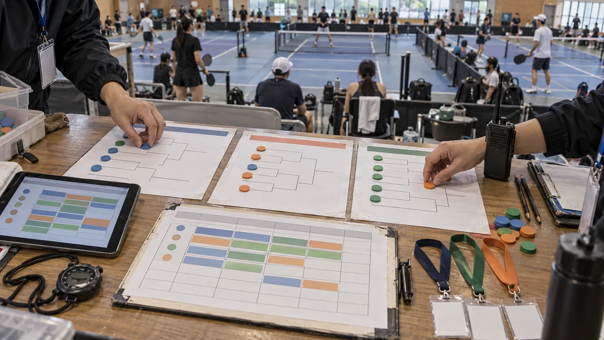 3種目の対戦表とコート進行を調整する大会運営スタッフ