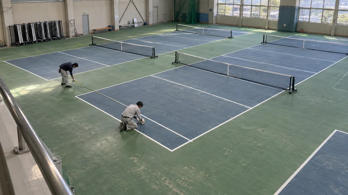 既存のテニスコートを複数のピックルボールコートへ組み替える作業
