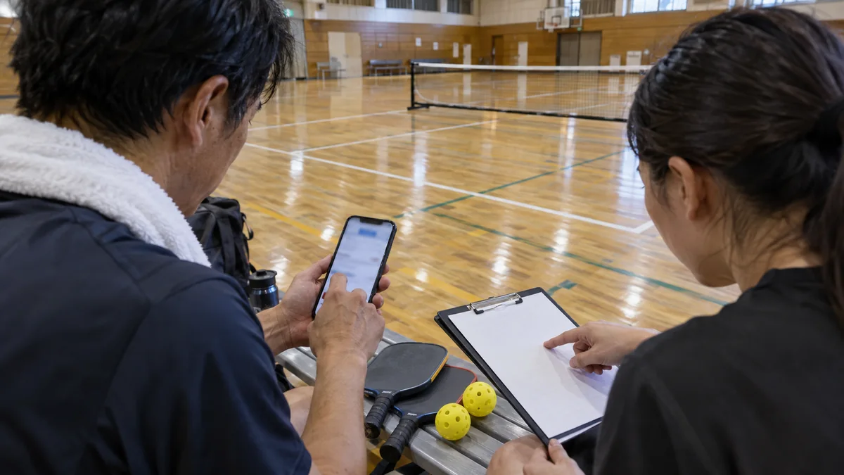 体育館の練習後にスマートフォンへ試合結果を入力する日本のプレーヤー