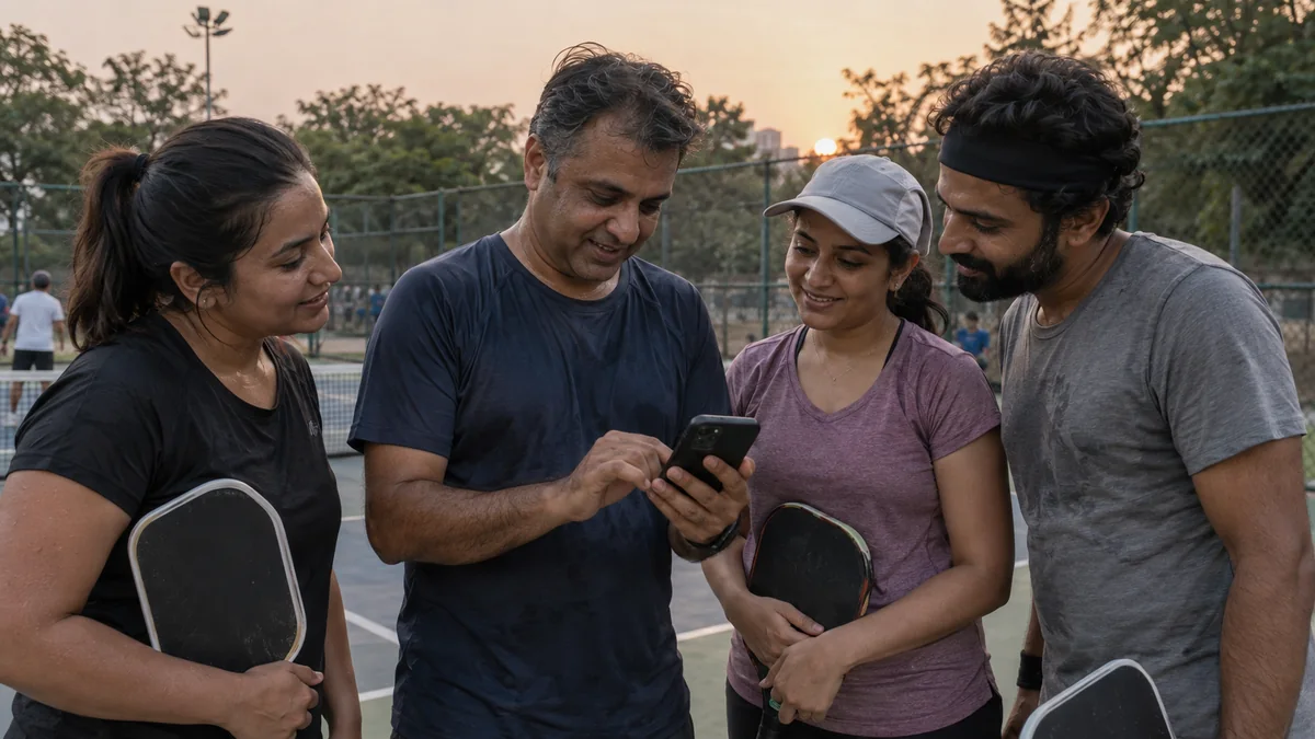 試合後にスマートフォンで結果を記録するインドのプレーヤー4人