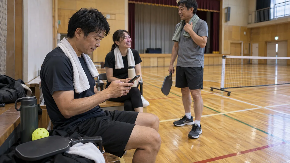 日本の体育館で試合後にスマートフォンへ結果を記録するプレーヤー