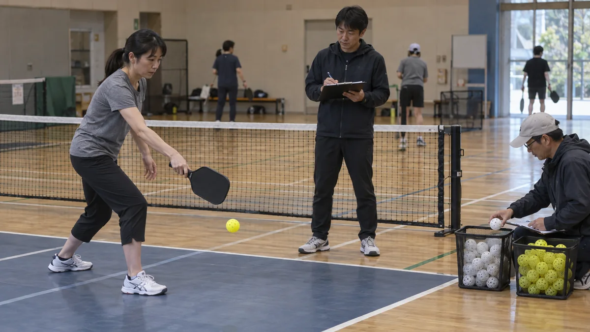 指定球の打球感と在庫を確認する選手と施設スタッフ