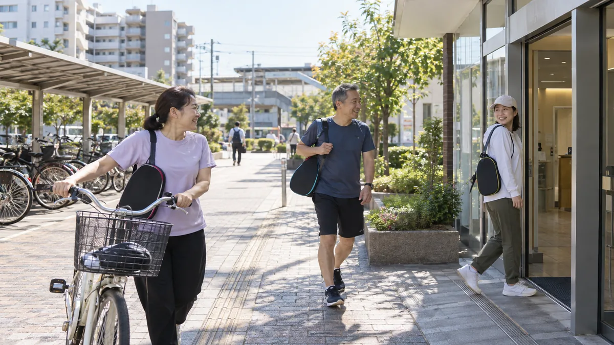 自転車と徒歩で駅前商業施設のコートへ向かう地域の利用者