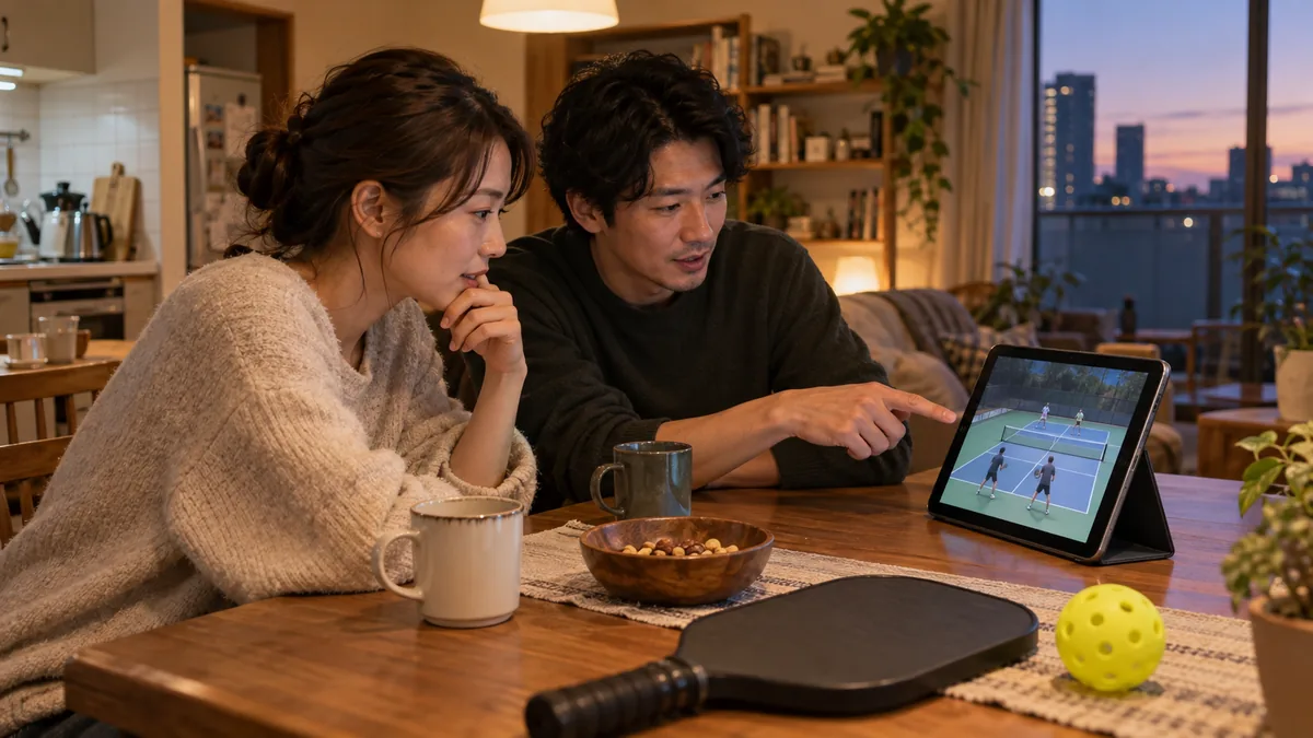 自宅で選手のピックルボール配信を見るファン