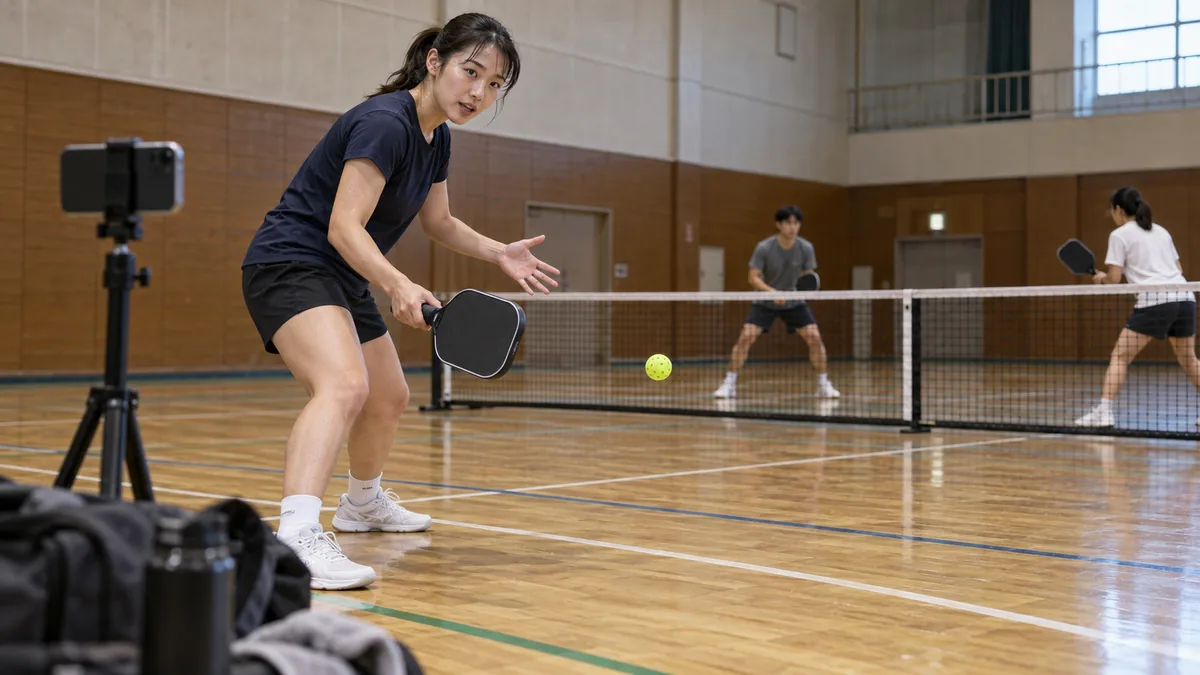 コート脇のスマートフォンへ練習内容を配信するピックルボール選手