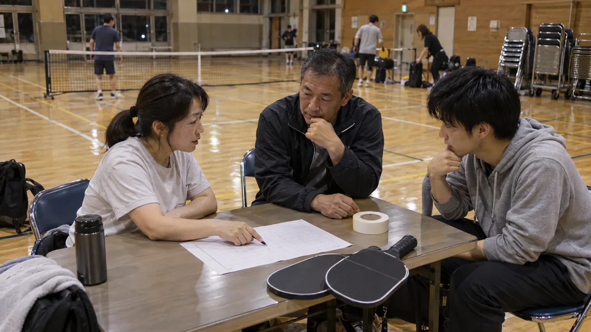 日本の体育館で体験会後の継続計画を話し合う運営関係者