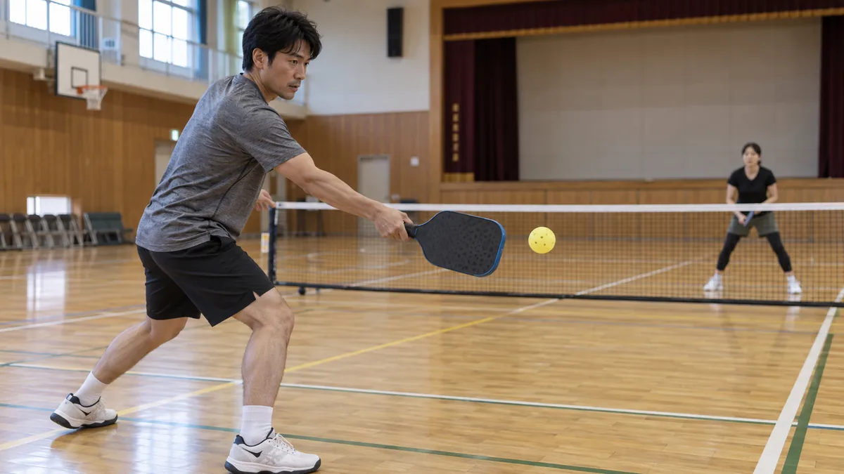 室内コートで細長いカーボン製パドルを使ってプレーする選手