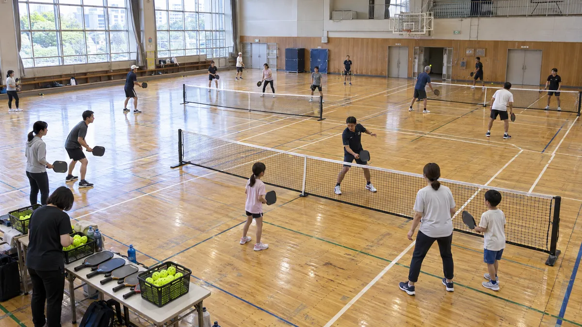 多面コートで初心者指導を受ける子どもと大人