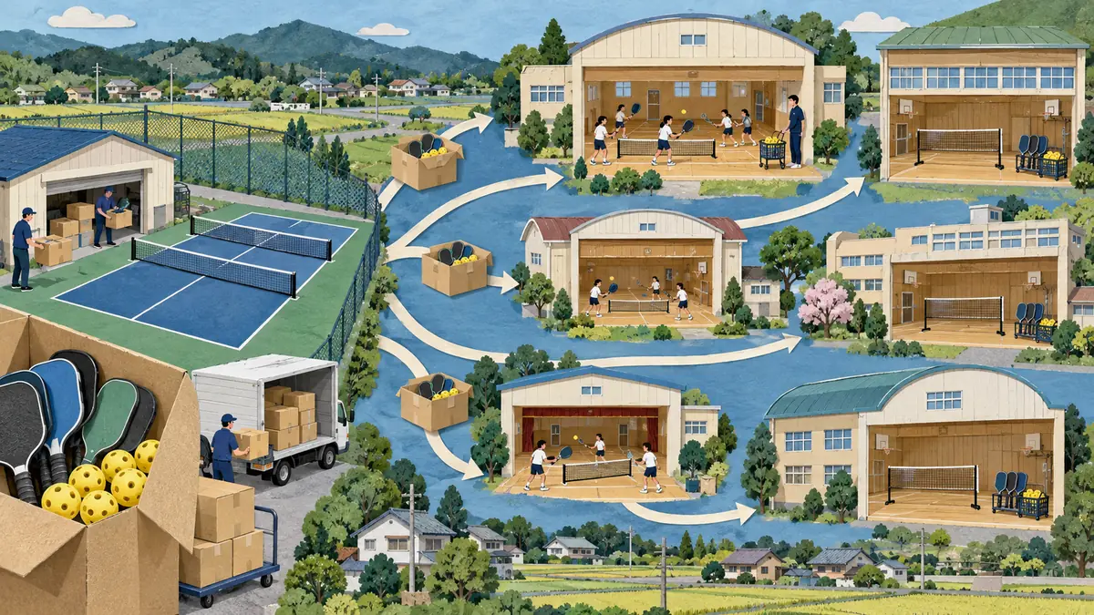 ピックルボール用具が学校へ届き一部の体育館で活用される流れの編集図