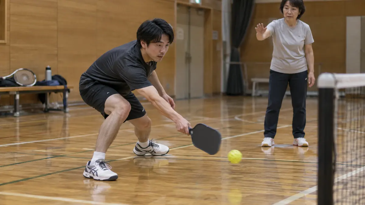 低く弾むピックルボールへ足を運びパドルを伸ばすテニス経験者と指導者