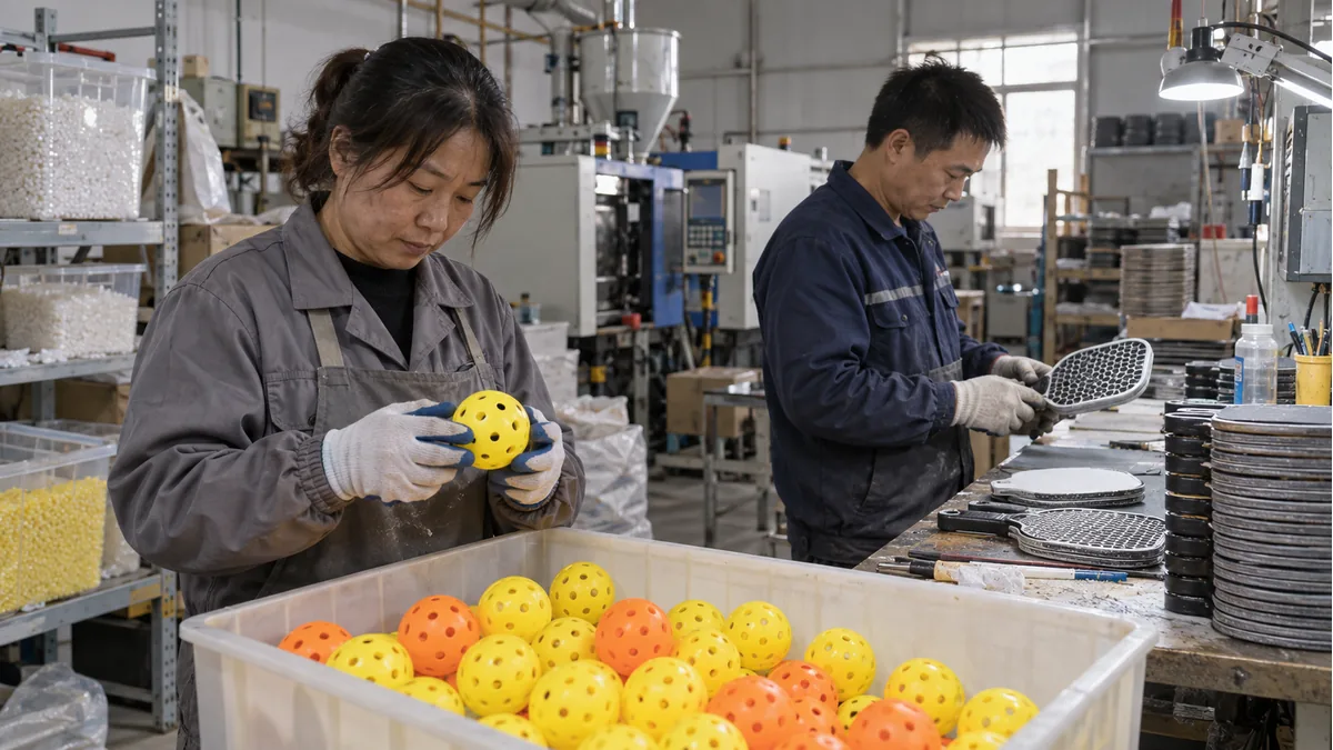 樹脂素材を使ったピックルボールとパドル部材を検品する工場