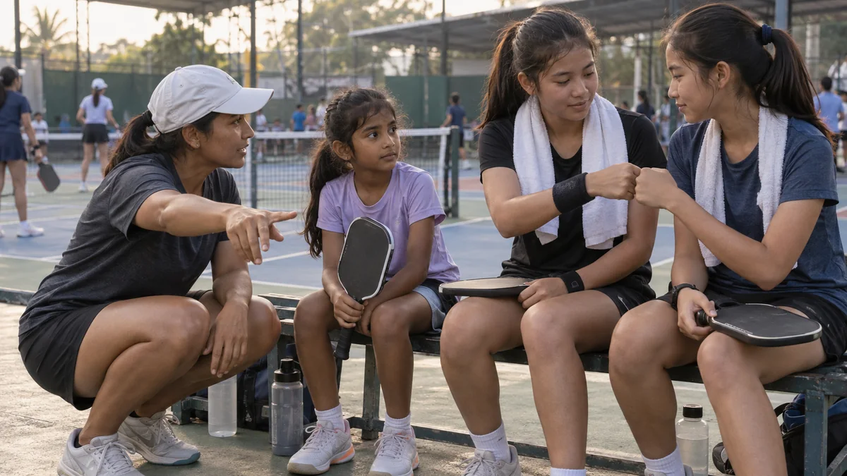 年少選手を交えてコート脇で話す女子ジュニアとコーチ