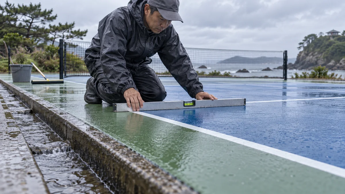 雨上がりのコートで路面の平坦性と排水を確認する施工担当者