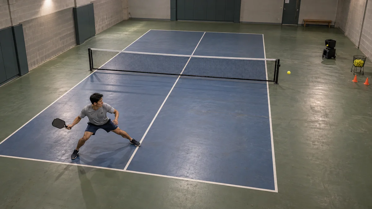 屋内コートでボールマシンを使い単独練習する男子シングルス選手