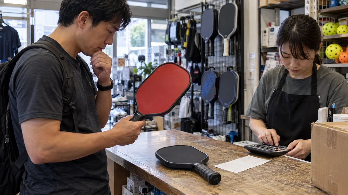 店頭で赤い高価格帯パドルを確認し価格計算を待つ購入者