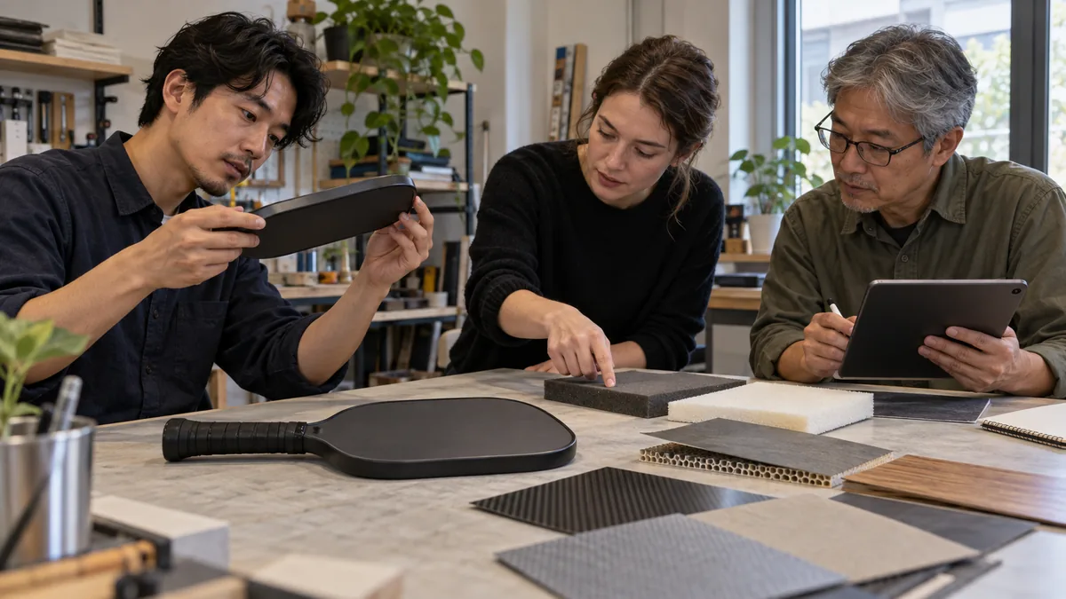 無地のパドル試作品と素材を比較検討する開発担当者たち