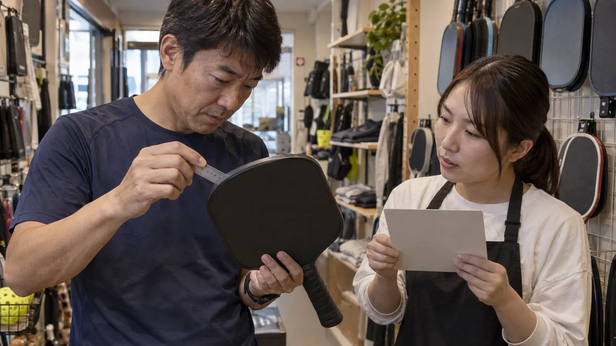 日本の専門店でパドルの厚みとエッジを確かめる購入者と店員