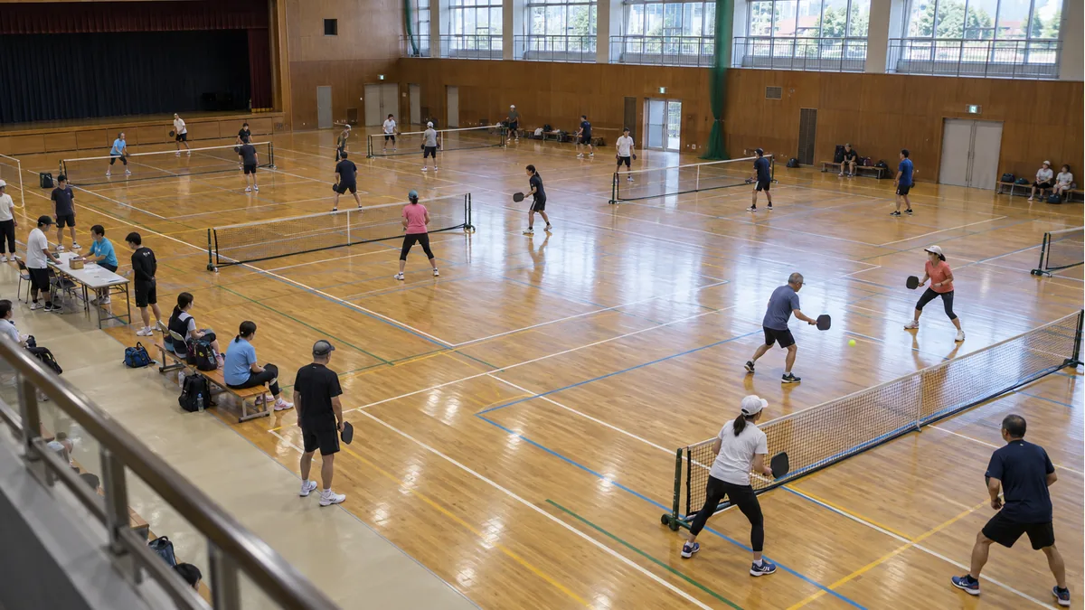 複数のコートで幅広い世代の選手がプレーする屋内ピックルボール大会会場