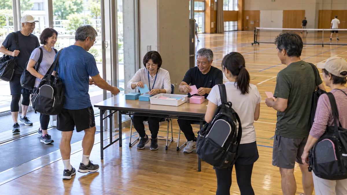 地域大会の受付で二つの登録カードを一つの窓口にまとめるスタッフ