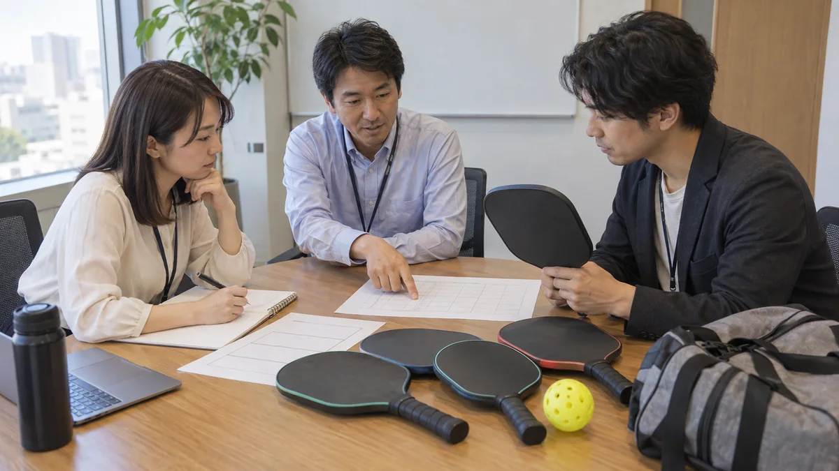 ピックルボール大会の参加計画を検討する総務担当者