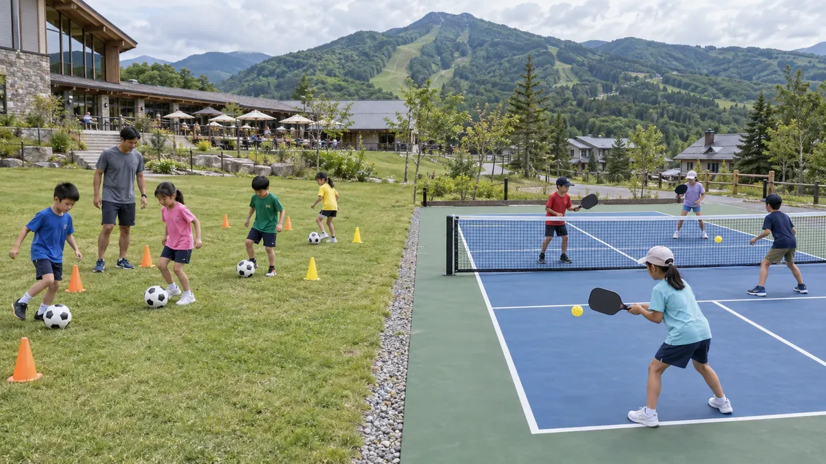 ルスツの山あいでサッカー練習とピックルボール体験に分かれて取り組む子どもたち
