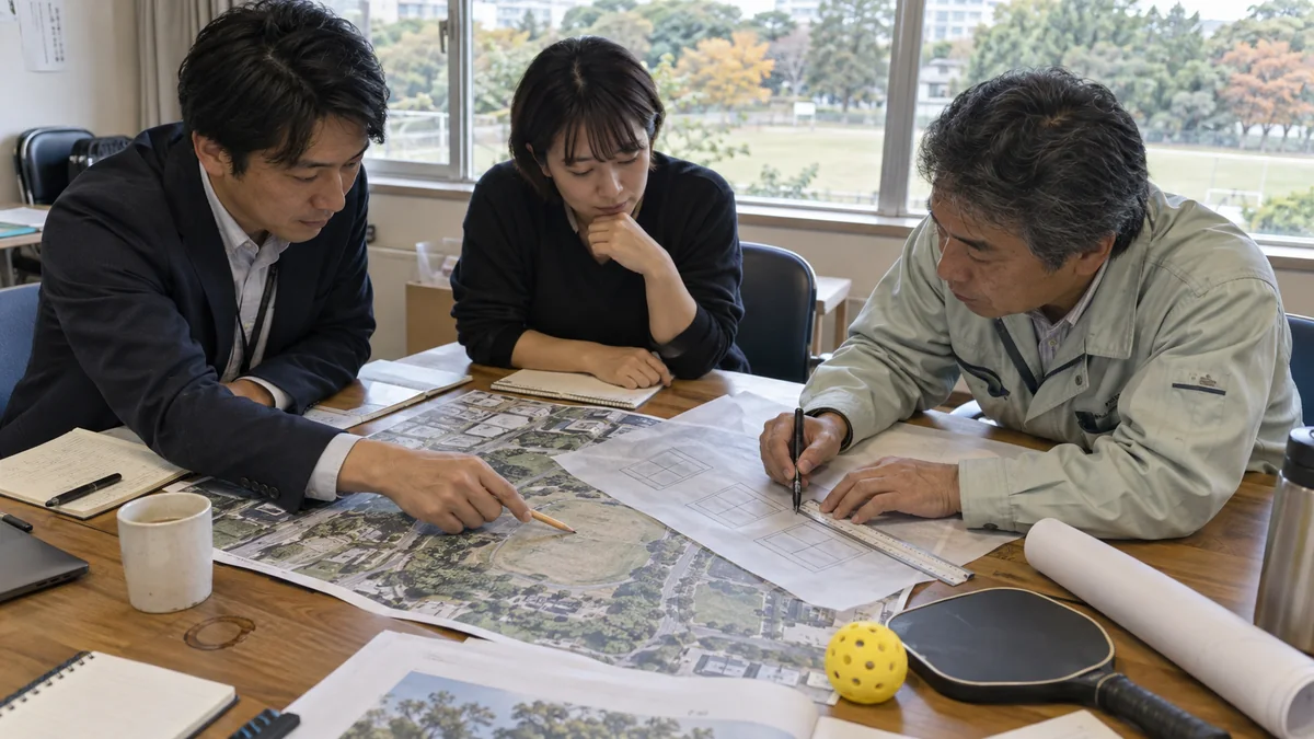 公園の航空写真とコート配置案を囲んで協議する官民の担当者