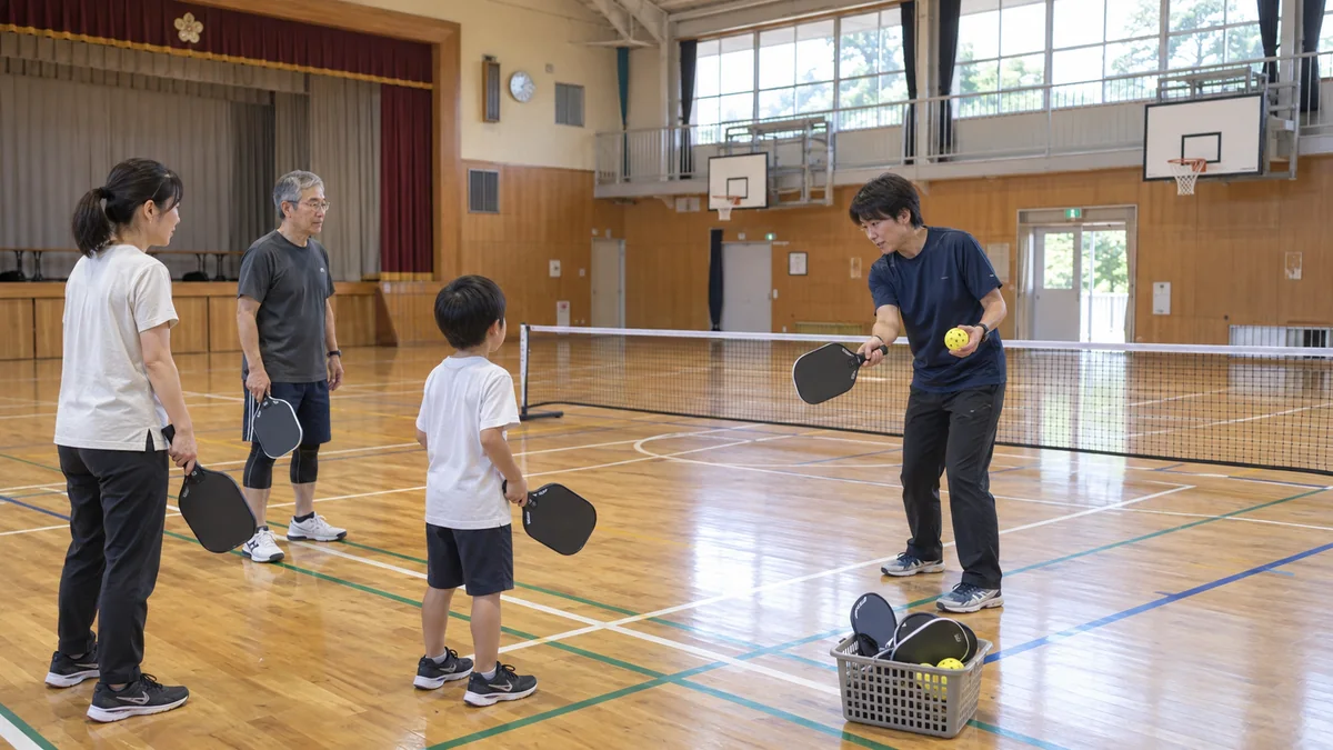 小学校の体育館で親子と高齢者にパドルの扱いを教える体験会
