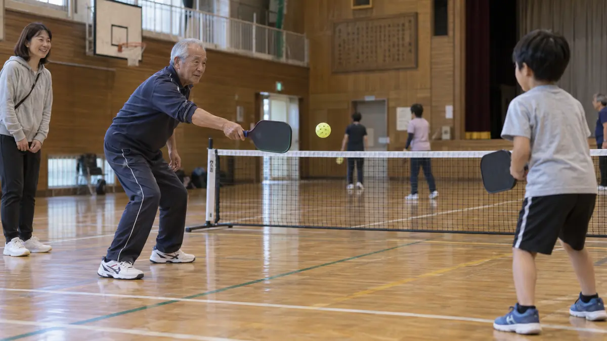 大きく振りかぶらず穴あきボールを返す高齢参加者