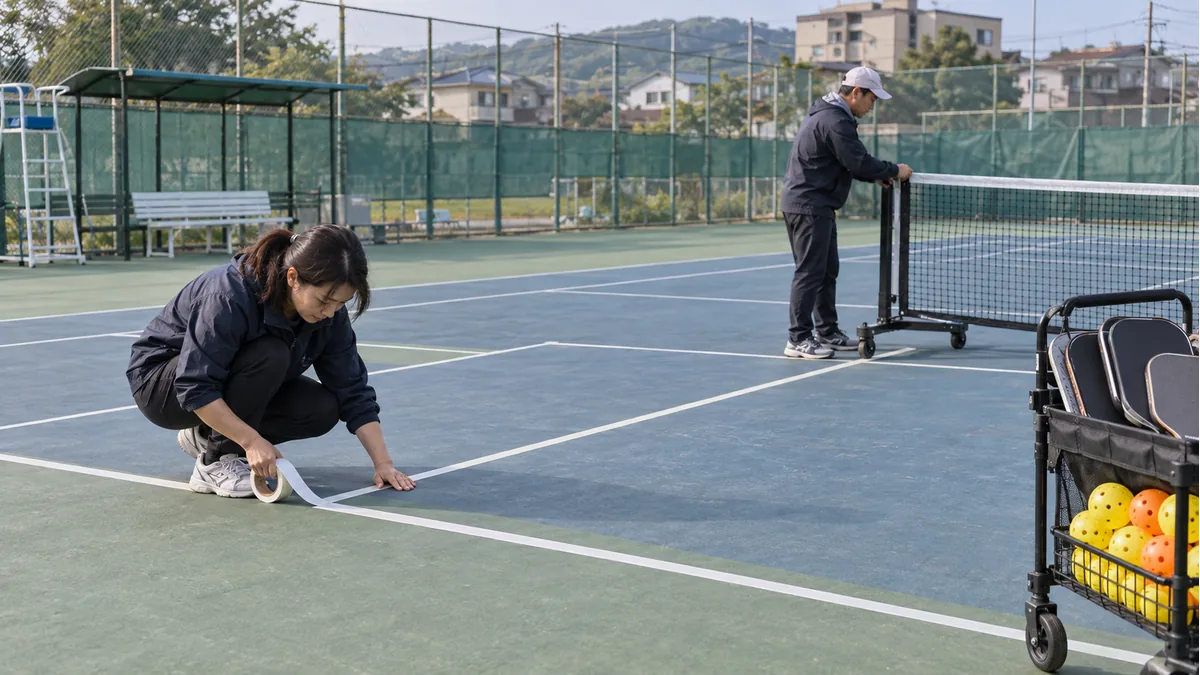 既存のテニス施設にピックルボール用のラインとネットを設置するスタッフ
