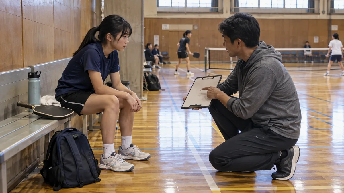 日本の体育館で試合の合間にコーチの説明を聞く10代の女子選手