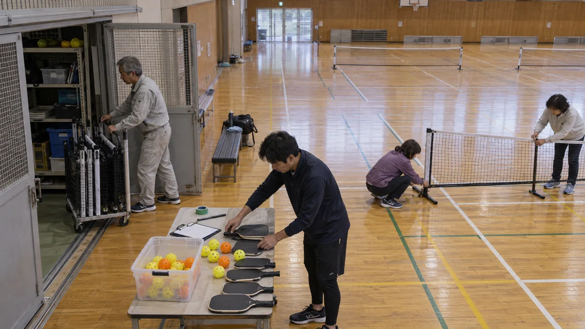 体育館職員と地元クラブの指導者が初心者講座のコートと用具を準備する様子