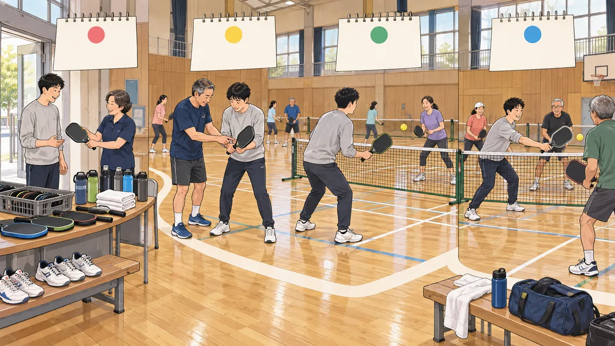 道具貸出から反復受講と試合参加まで4回で進む入門講座の編集ビジュアル